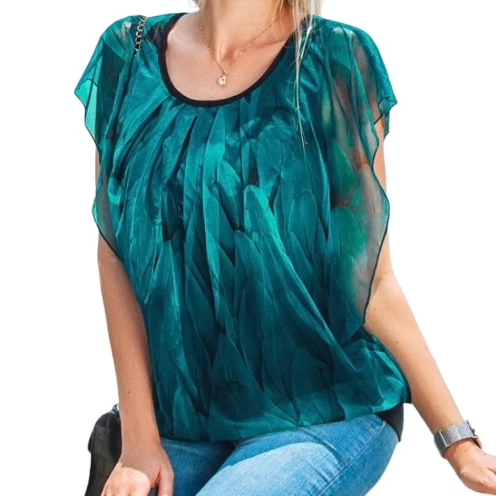 NWT Women's Peacock Blue Flouncing Flare Short Sleeved Blouse Top 3X - Picture 1 of 9